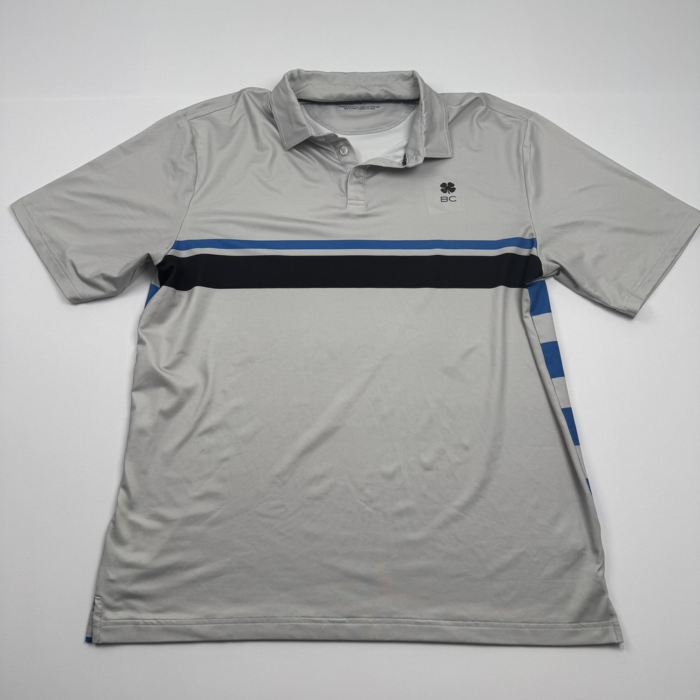 Black Clover Polo Shirt Mens XL Gray Blue Striped BC Logo Golf Performance